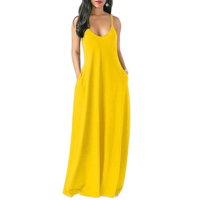 Women Maxi Dress Summer Casual V-neck Solid Long Dress Fashion Pockets Short Sleeve Loose Female Vestidos Plus Size Dress
