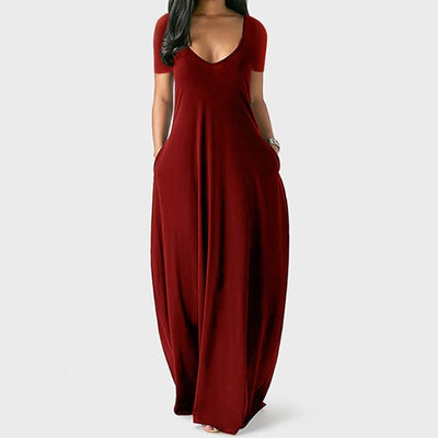 Women Maxi Dress Summer Casual V-neck Solid Long Dress Fashion Pockets Short Sleeve Loose Female Vestidos Plus Size Dress