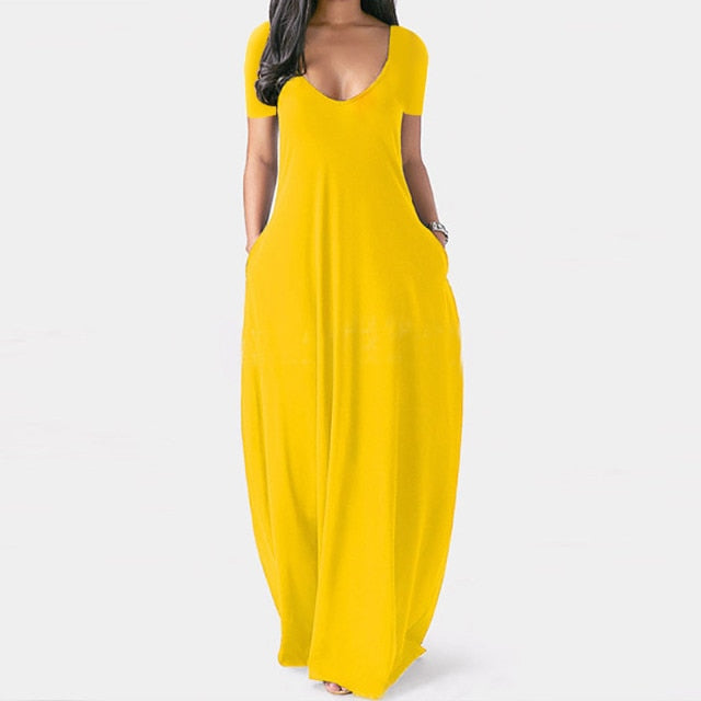 Women Maxi Dress Summer Casual V-neck Solid Long Dress Fashion Pockets Short Sleeve Loose Female Vestidos Plus Size Dress