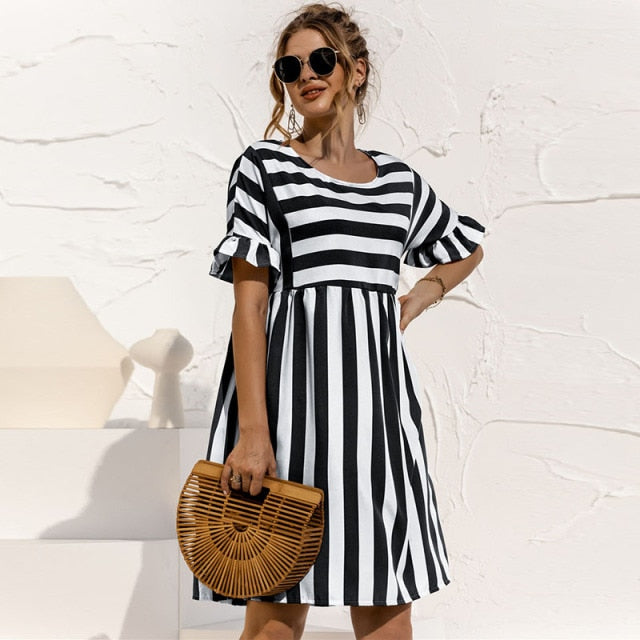 Women Summer Dress Cute Loose Striped Print Ruffles Sleeves Dresses Elegant A Line Patchwork Beach Party Female Dress Vestidos