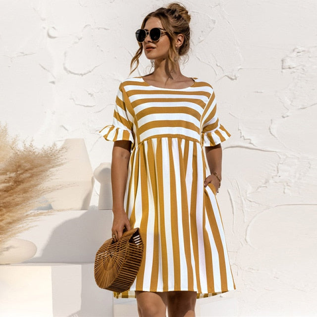 Women Summer Dress Cute Loose Striped Print Ruffles Sleeves Dresses Elegant A Line Patchwork Beach Party Female Dress Vestidos