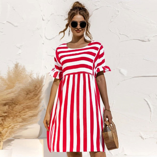 Women Summer Dress Cute Loose Striped Print Ruffles Sleeves Dresses Elegant A Line Patchwork Beach Party Female Dress Vestidos