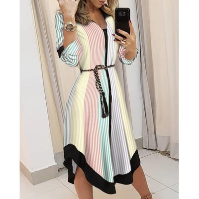 Spring Summer Lady Cover Up Women's Shirt Dress Wave Print Long Sleeve V-Neck Casual Loose Holiday Midi Dress Plus Size