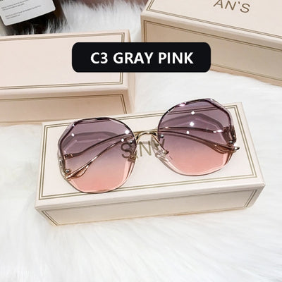 2022  Fashion Tea Gradient Sunglasses Women Ocean Water Cut Trimmed Lens Metal Curved Temples Sun Glasses Female UV400