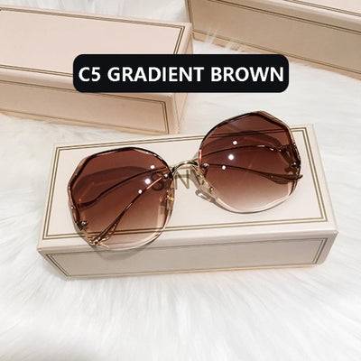 2022  Fashion Tea Gradient Sunglasses Women Ocean Water Cut Trimmed Lens Metal Curved Temples Sun Glasses Female UV400