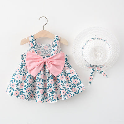 2pcs Summer Baby Girls Beach Princess Dress Cute Bow Flowers Sleeveless Cotton Toddler Dresses+Sunhat Newborn Clothing Set