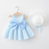 2pcs Summer Baby Girls Beach Princess Dress Cute Bow Flowers Sleeveless Cotton Toddler Dresses+Sunhat Newborn Clothing Set