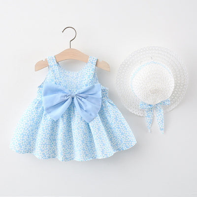 2pcs Summer Baby Girls Beach Princess Dress Cute Bow Flowers Sleeveless Cotton Toddler Dresses+Sunhat Newborn Clothing Set