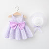 2pcs Summer Baby Girls Beach Princess Dress Cute Bow Flowers Sleeveless Cotton Toddler Dresses+Sunhat Newborn Clothing Set