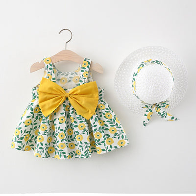 2pcs Summer Baby Girls Beach Princess Dress Cute Bow Flowers Sleeveless Cotton Toddler Dresses+Sunhat Newborn Clothing Set