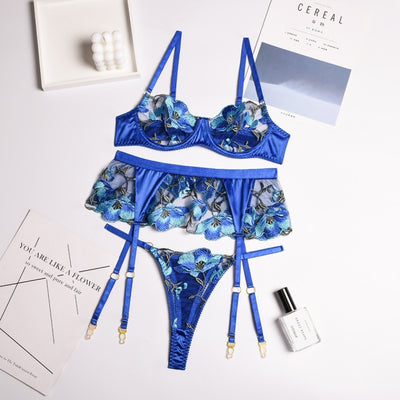 3-Piece Lace Bra Set Women Embroidery Bra + Panty Underwear Set Ladies Blue Patchwork Sexy Lingerie Set