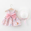 2pcs Summer Baby Girls Beach Princess Dress Cute Bow Flowers Sleeveless Cotton Toddler Dresses+Sunhat Newborn Clothing Set