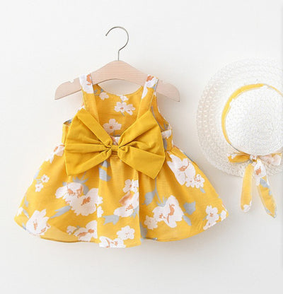 2pcs Summer Baby Girls Beach Princess Dress Cute Bow Flowers Sleeveless Cotton Toddler Dresses+Sunhat Newborn Clothing Set