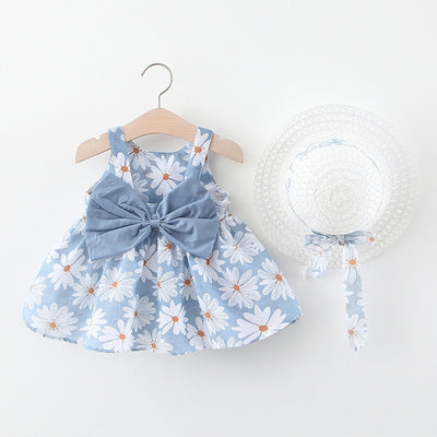 2pcs Summer Baby Girls Beach Princess Dress Cute Bow Flowers Sleeveless Cotton Toddler Dresses+Sunhat Newborn Clothing Set