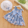 2pcs Summer Baby Girls Beach Princess Dress Cute Bow Flowers Sleeveless Cotton Toddler Dresses+Sunhat Newborn Clothing Set