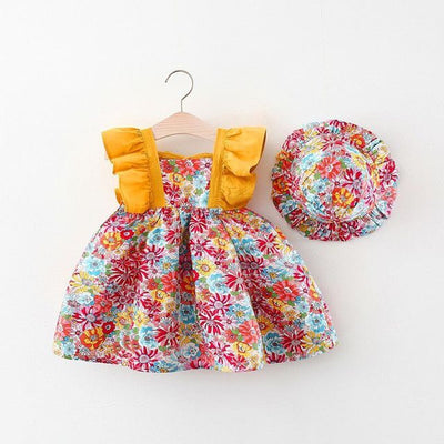 2pcs Summer Baby Girls Beach Princess Dress Cute Bow Flowers Sleeveless Cotton Toddler Dresses+Sunhat Newborn Clothing Set