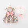 2pcs Summer Baby Girls Beach Princess Dress Cute Bow Flowers Sleeveless Cotton Toddler Dresses+Sunhat Newborn Clothing Set