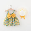 2pcs Summer Baby Girls Beach Princess Dress Cute Bow Flowers Sleeveless Cotton Toddler Dresses+Sunhat Newborn Clothing Set