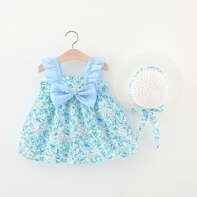 2pcs Summer Baby Girls Beach Princess Dress Cute Bow Flowers Sleeveless Cotton Toddler Dresses+Sunhat Newborn Clothing Set