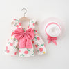 2pcs Summer Baby Girls Beach Princess Dress Cute Bow Flowers Sleeveless Cotton Toddler Dresses+Sunhat Newborn Clothing Set