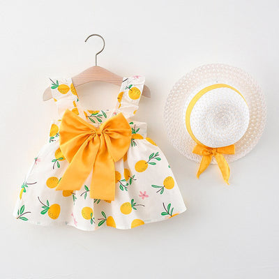 2pcs Summer Baby Girls Beach Princess Dress Cute Bow Flowers Sleeveless Cotton Toddler Dresses+Sunhat Newborn Clothing Set